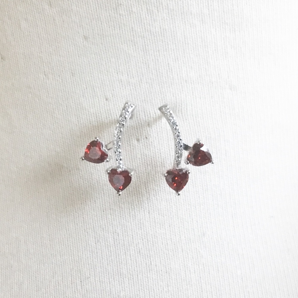 925 Sterling Silver CZ Earrings red heart dangle